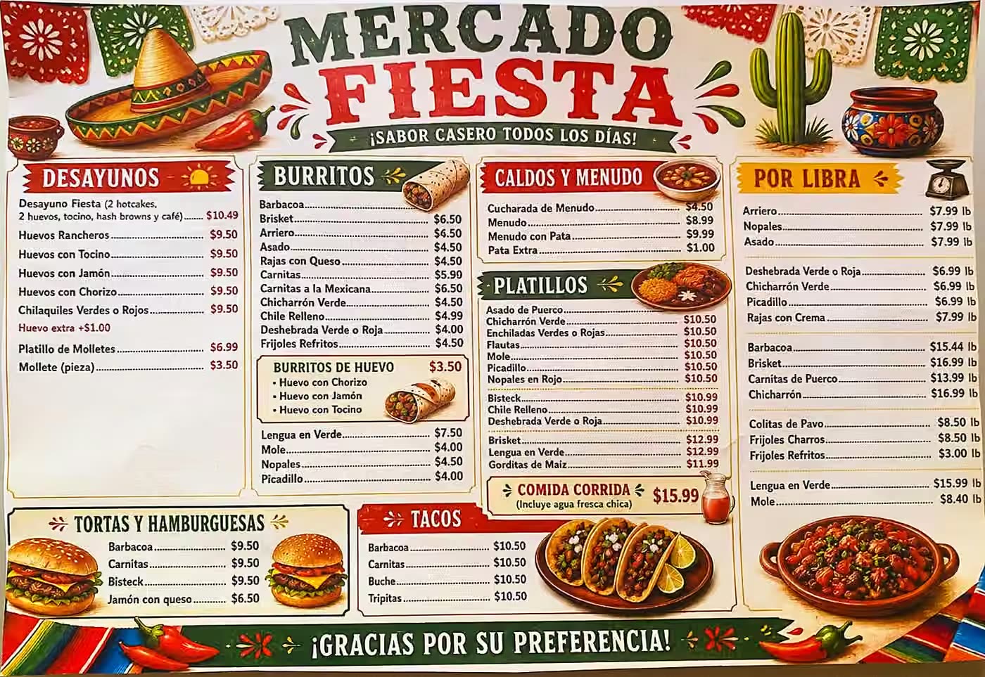 Photo of the printed Mercado Fiesta menu listing dishes and prices