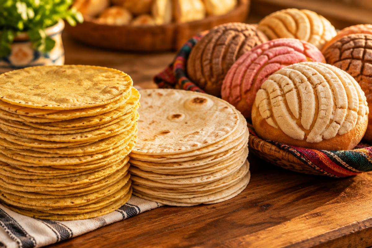 Illustrative photo of stacked corn and flour tortillas beside pan dulce