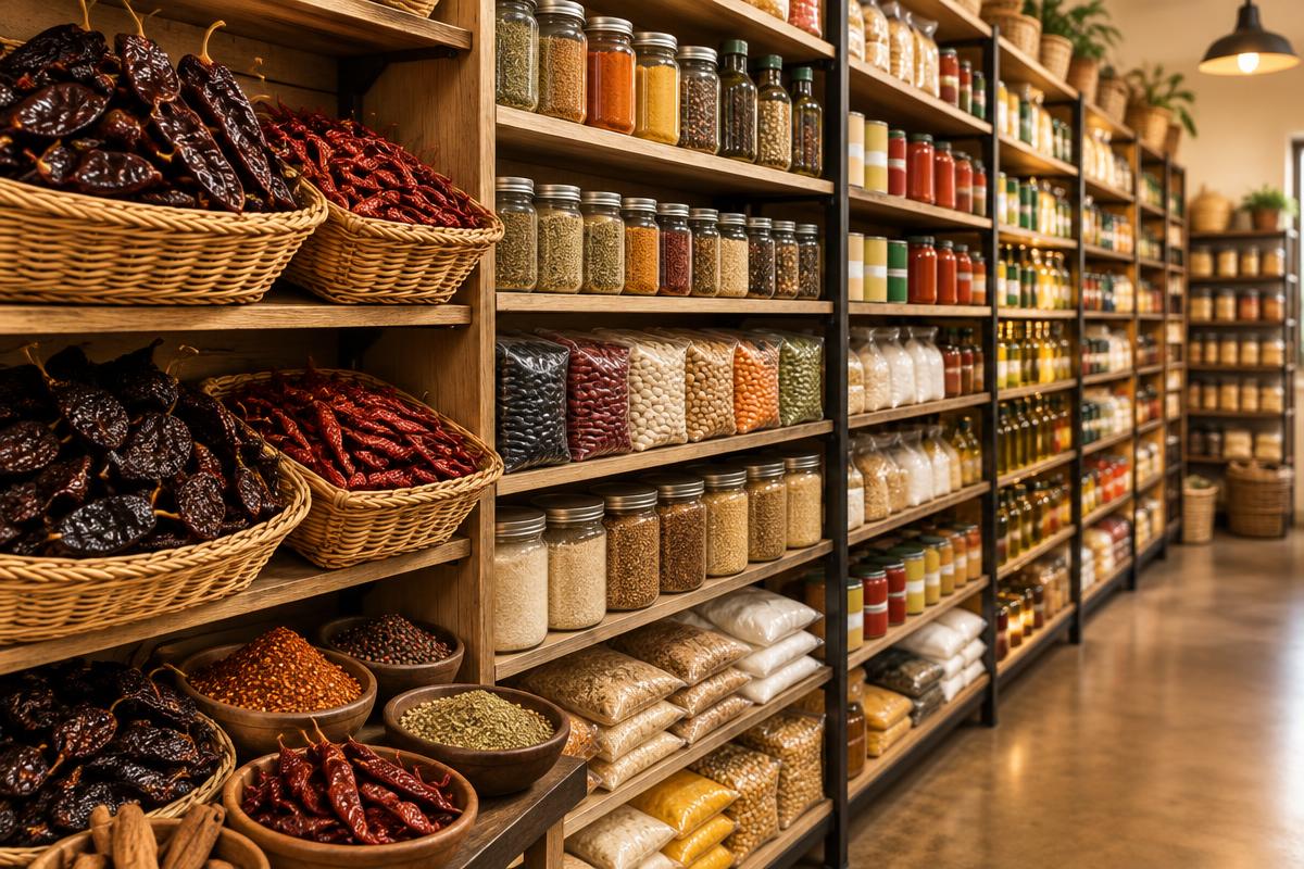 Illustrative photo of grocery shelves with pantry staples and dried chiles