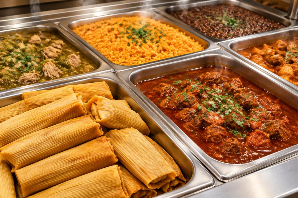 Illustrative photo of prepared Mexican dishes in a warm steam table